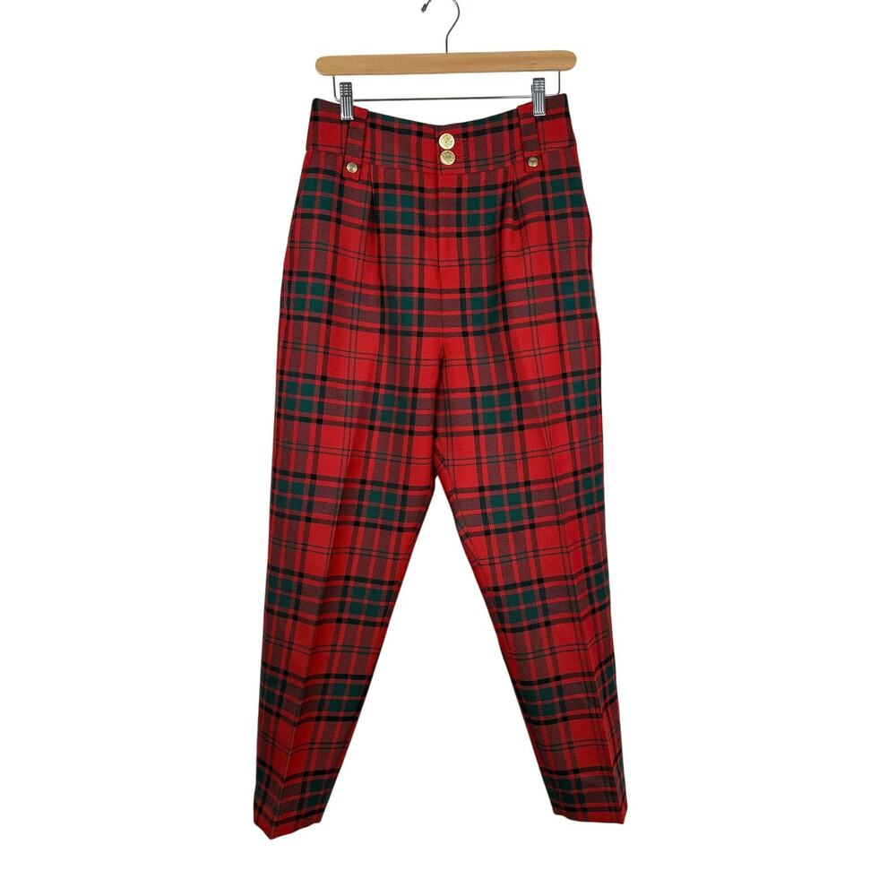 Holland Cooper Wool Tartan Plaid Trousers Womens UK 12 Red Green High Rise
